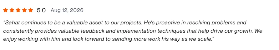 Five star Upwork review from Livi North describing proactive problem solving and valuable feedback that drives growth